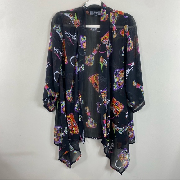 Slinky Brand Women's Open Front Novelty Print Black Sheer Kimono Sz M - Picture 2 of 10